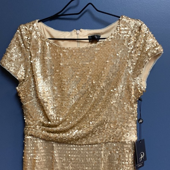 NWT ADRIANNA PAPELL WO SIZE 10 SHORT SLEEVE MIDI GOLD SEQUIN COCKTAIL DRESS - Picture 5 of 13